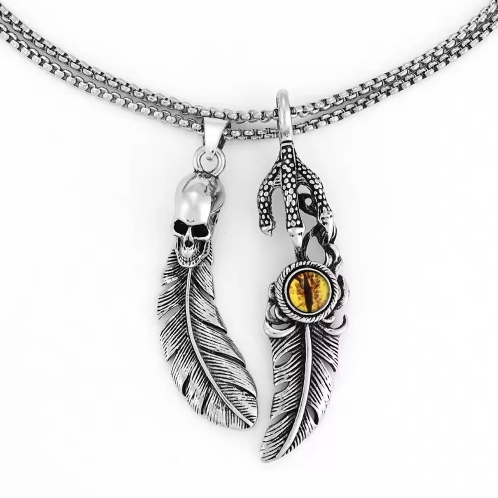 2 Pc Platinum Feathers W/ Skull & Eagle Eye & Talon Punk Bohemian Necklace Set - Picture 5 of 6